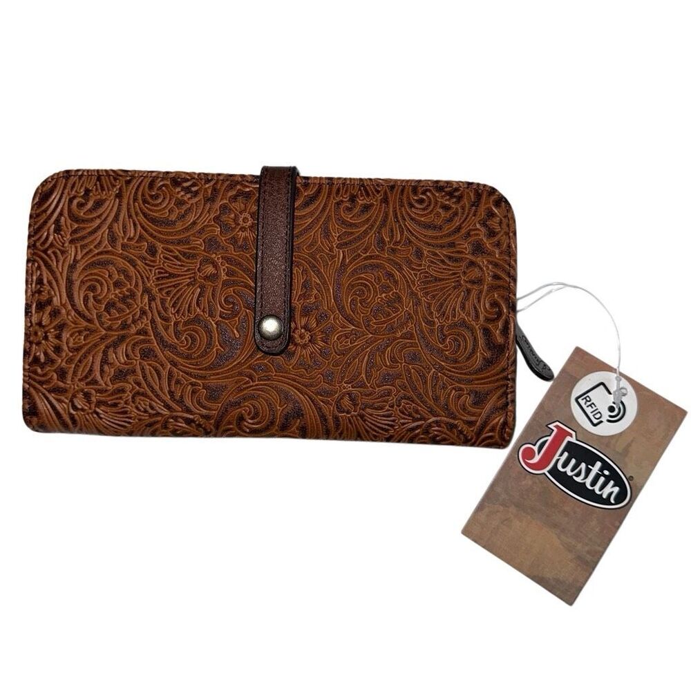 Justin Saddle Brown Tooled Leather Wallet Whipstitch RFID NEW